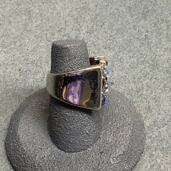 Guess Chunky Clip Cocktail Ring Size 7 As Is Blue Rhinestone Silver Bling Glam S - Picture 3 of 6